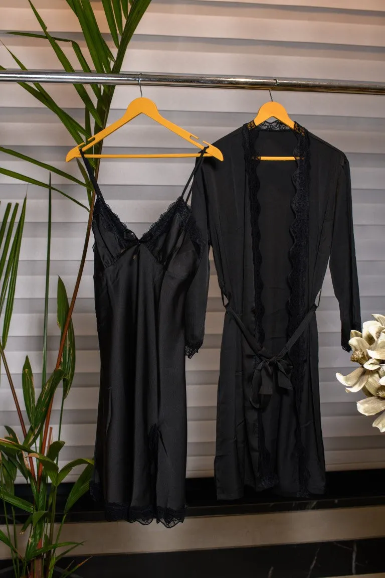 Jet Black Night Suit Ensemble with Robe