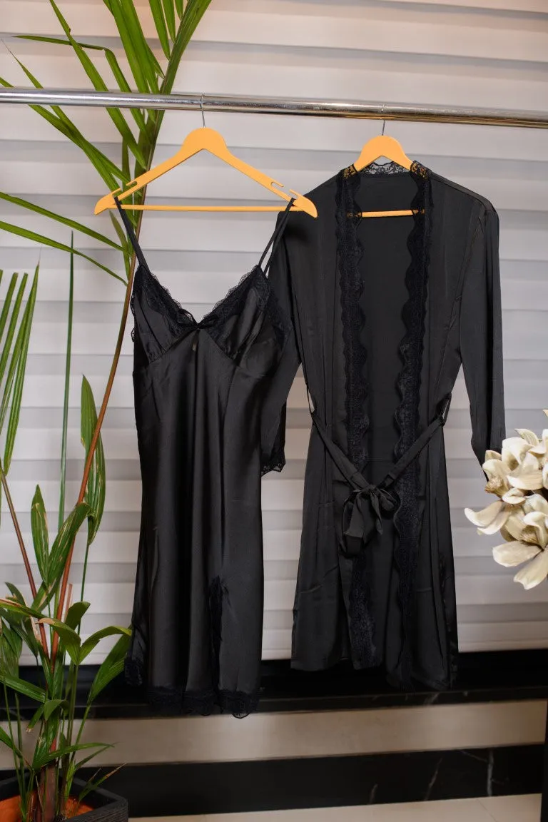 Jet Black Night Suit Ensemble with Robe