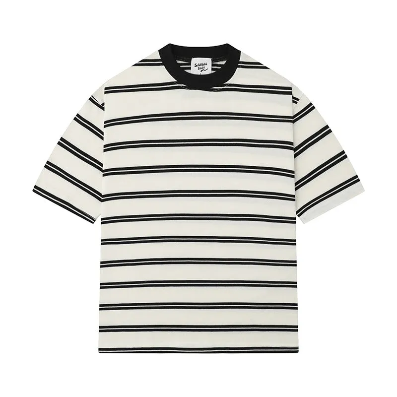 Jinquedai boy outfits 2024 Summer New Japanese Retro Striped T-shirt Men's and Women's Small Neckline Half Sleeve Couple Versatile Loose Top Fashion