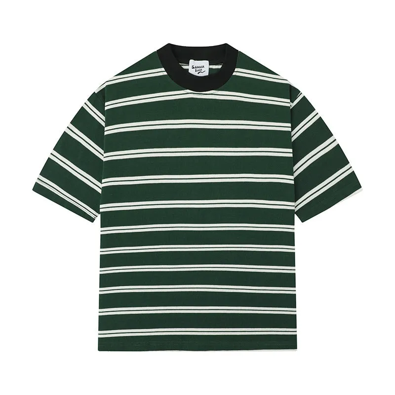 Jinquedai boy outfits 2024 Summer New Japanese Retro Striped T-shirt Men's and Women's Small Neckline Half Sleeve Couple Versatile Loose Top Fashion