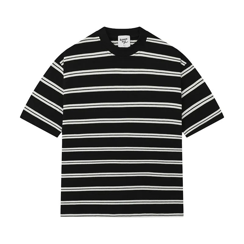 Jinquedai boy outfits 2024 Summer New Japanese Retro Striped T-shirt Men's and Women's Small Neckline Half Sleeve Couple Versatile Loose Top Fashion