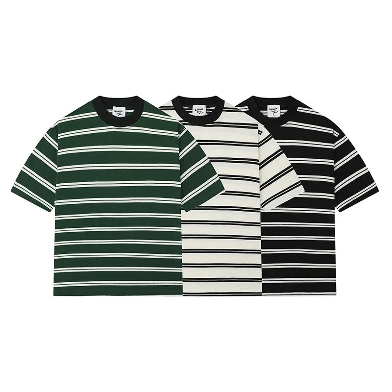 Jinquedai boy outfits 2024 Summer New Japanese Retro Striped T-shirt Men's and Women's Small Neckline Half Sleeve Couple Versatile Loose Top Fashion