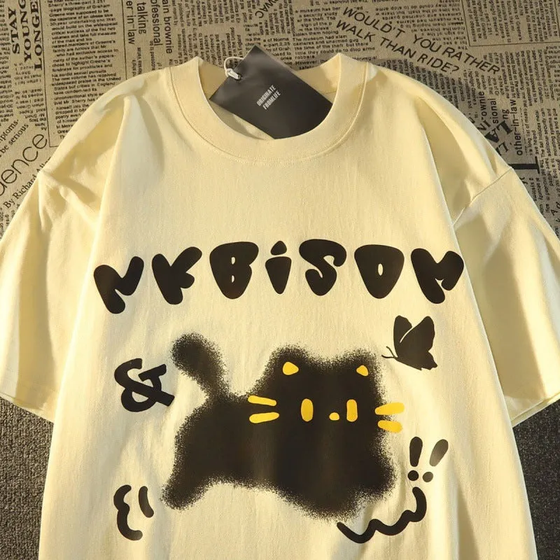 Jinquedai shirt Hong Kong Style Ins Cartoon Cartoon Cat 100% Cotton Short-Sleeved T-shirt Men and Women Summer Couple All-Match Loose Slimming Trendy