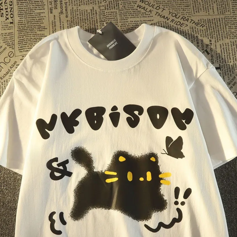 Jinquedai shirt Hong Kong Style Ins Cartoon Cartoon Cat 100% Cotton Short-Sleeved T-shirt Men and Women Summer Couple All-Match Loose Slimming Trendy