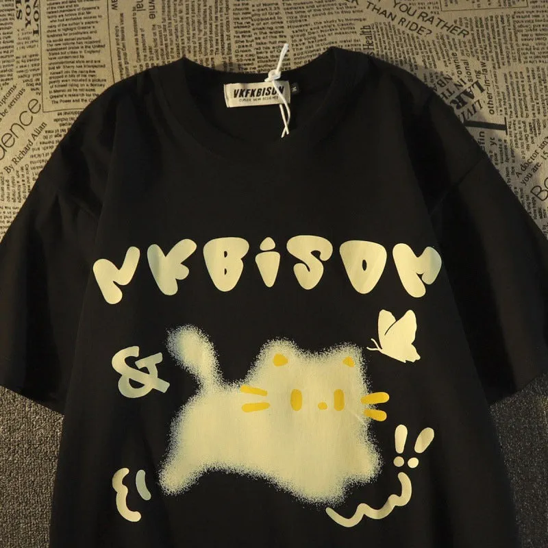Jinquedai shirt Hong Kong Style Ins Cartoon Cartoon Cat 100% Cotton Short-Sleeved T-shirt Men and Women Summer Couple All-Match Loose Slimming Trendy