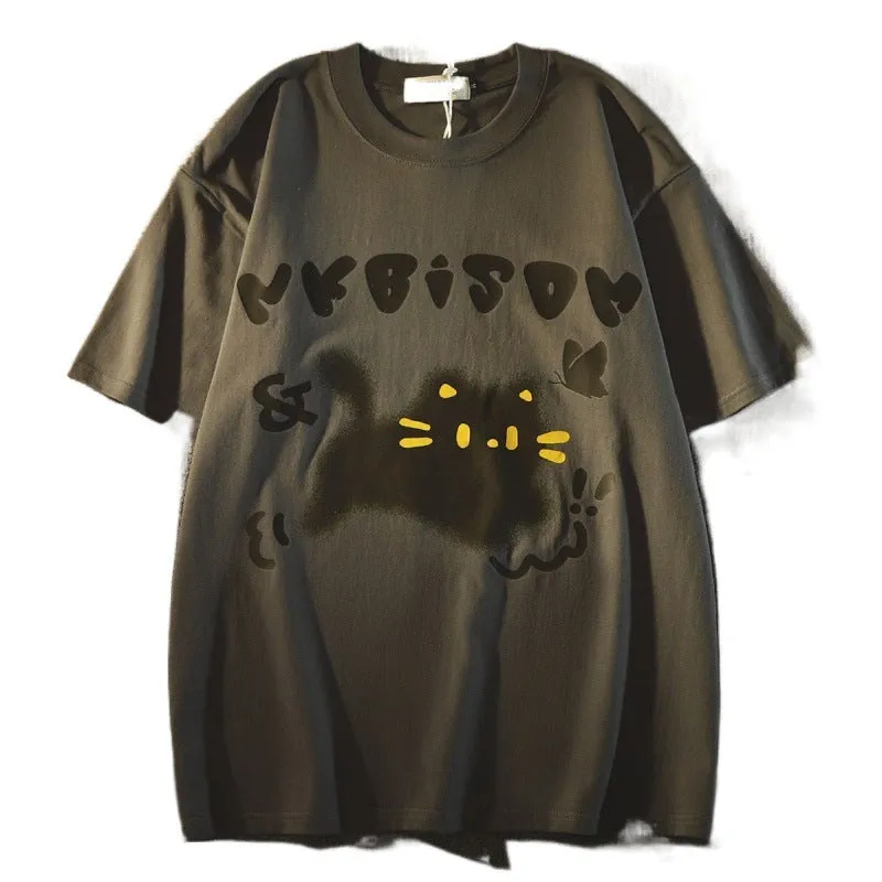 Jinquedai shirt Hong Kong Style Ins Cartoon Cartoon Cat 100% Cotton Short-Sleeved T-shirt Men and Women Summer Couple All-Match Loose Slimming Trendy
