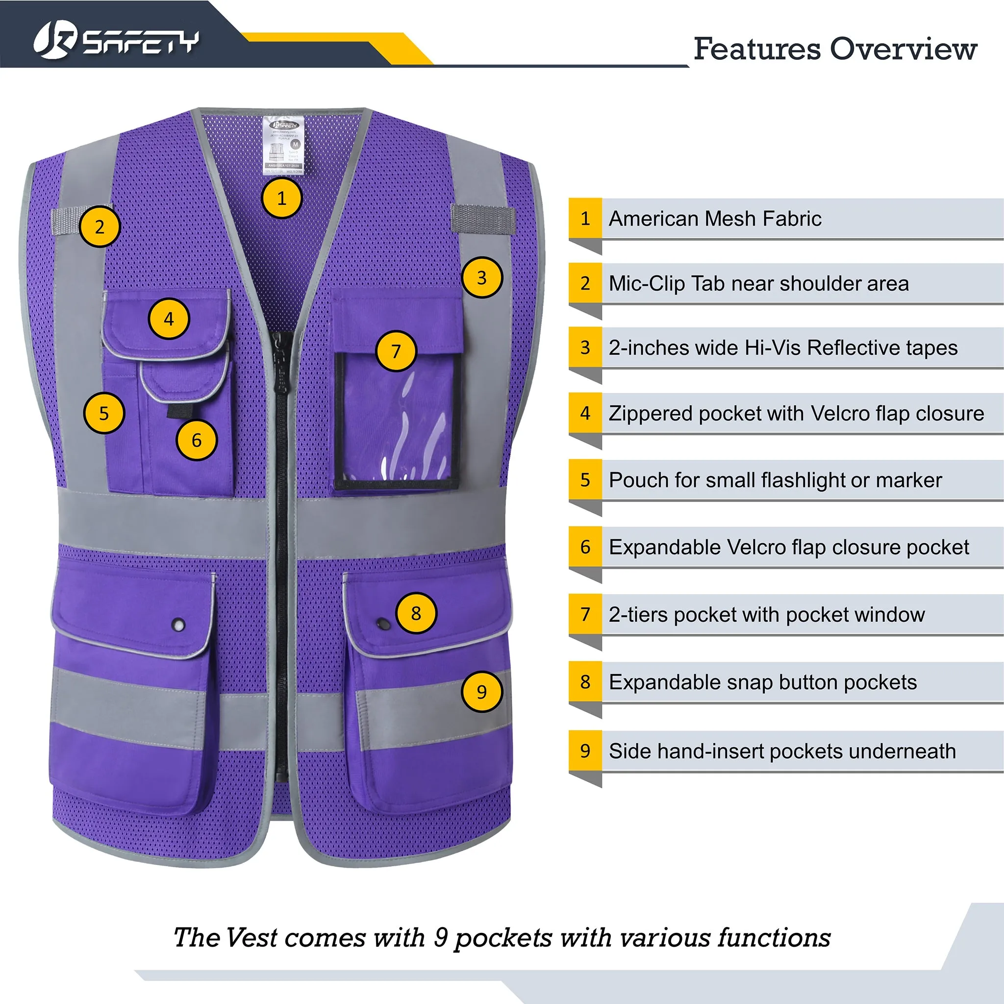 JKSafety 9 Pockets 2-Pack Hi-Vis Reflective Mesh Safety Vest (JK160)