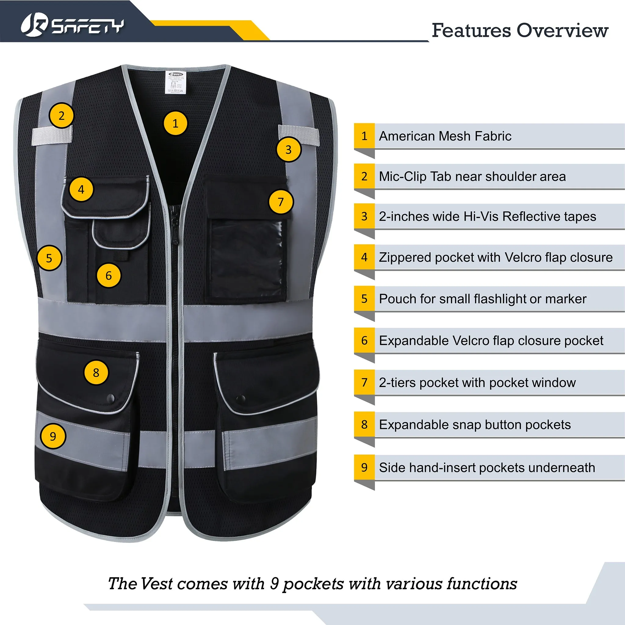 JKSafety 9 Pockets 2-Pack Hi-Vis Reflective Mesh Safety Vest (JK160)