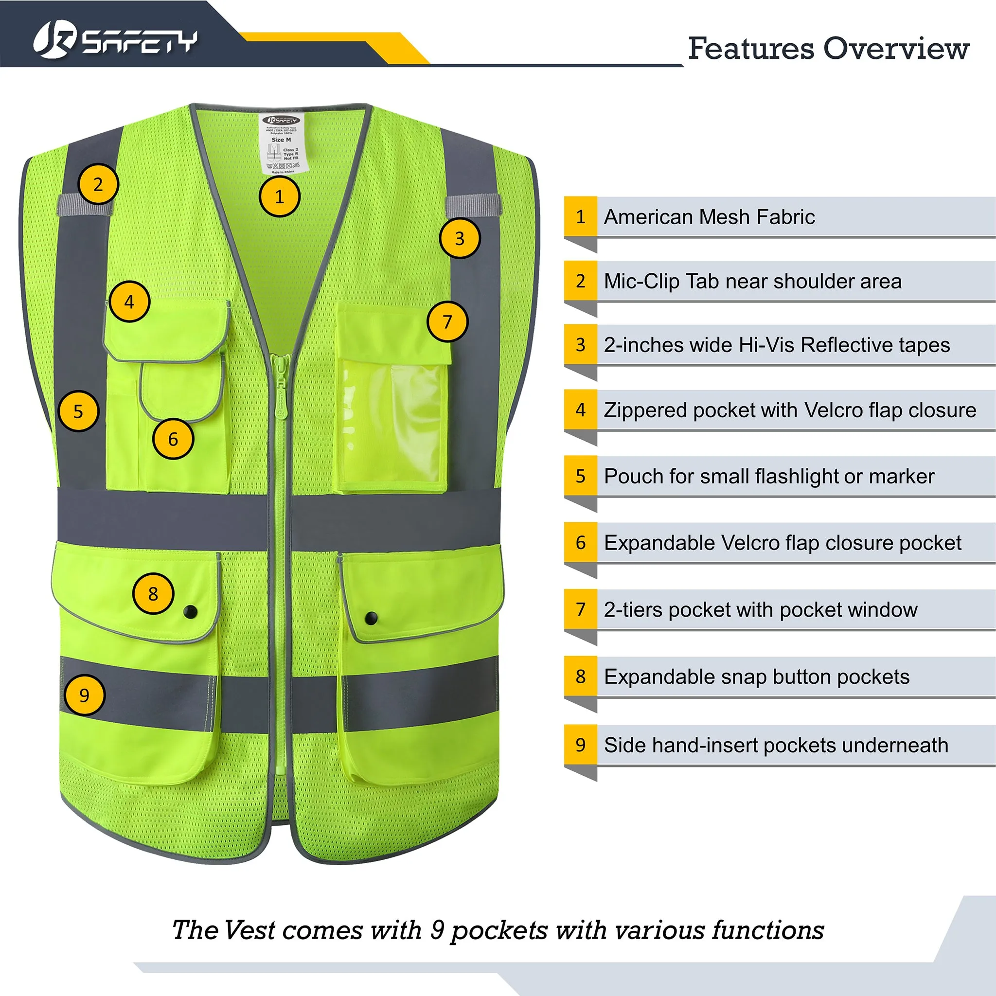 JKSafety 9 Pockets 2-Pack Hi-Vis Reflective Mesh Safety Vest (JK160)