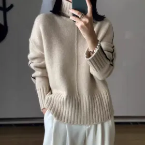 Joskaa Autumn and Winter New Woolen Sweater Women's Loose Thickened Turtleneck Sweater Lazy Style Color Matching Pure Wool Knitted Bottoming Shirt