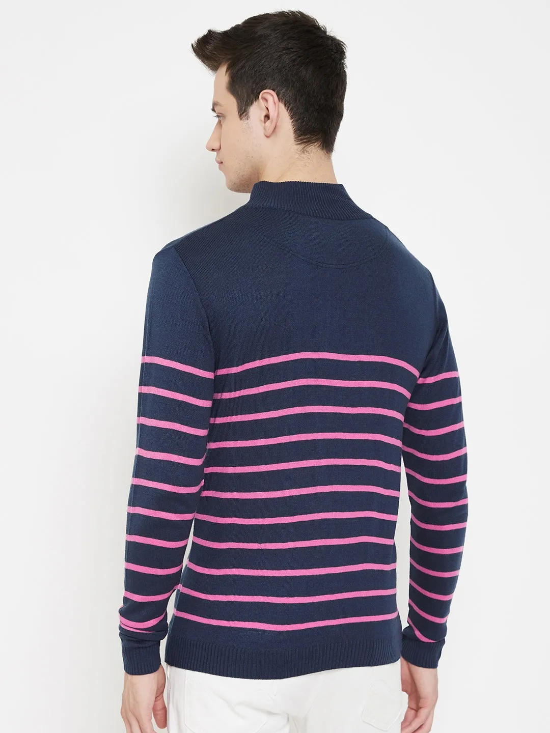 JUMP USA Men Navy Blue Striped Mock Collar Casual Pullover