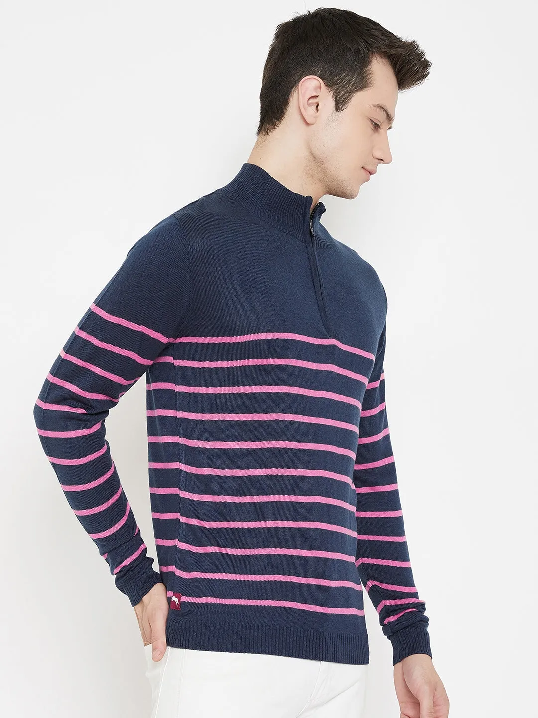 JUMP USA Men Navy Blue Striped Mock Collar Casual Pullover