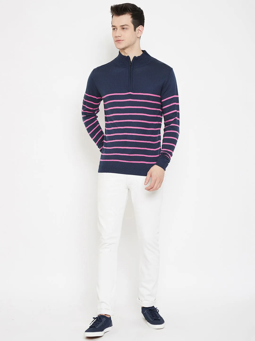 JUMP USA Men Navy Blue Striped Mock Collar Casual Pullover