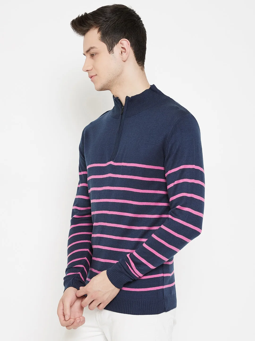 JUMP USA Men Navy Blue Striped Mock Collar Casual Pullover