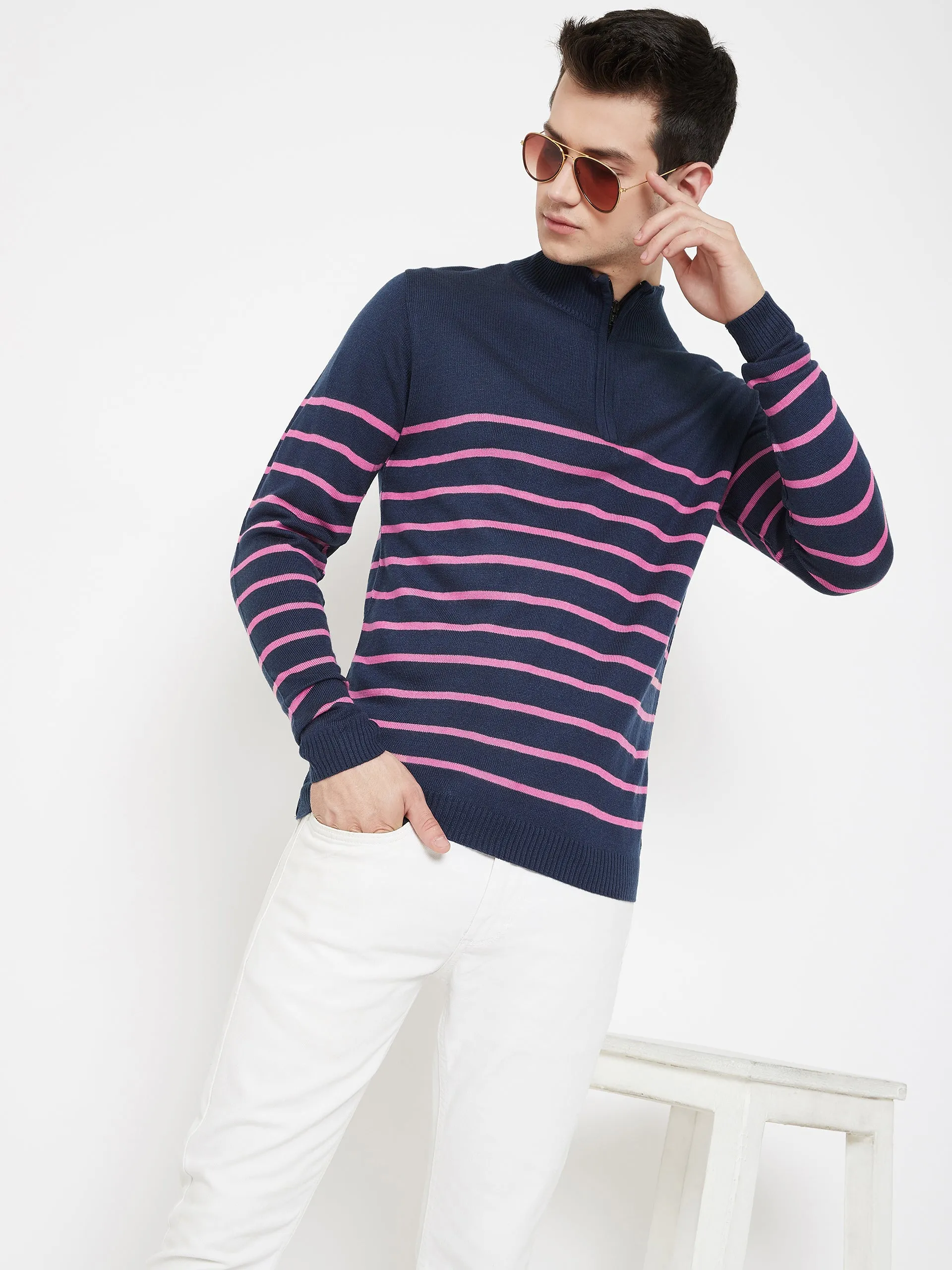JUMP USA Men Navy Blue Striped Mock Collar Casual Pullover