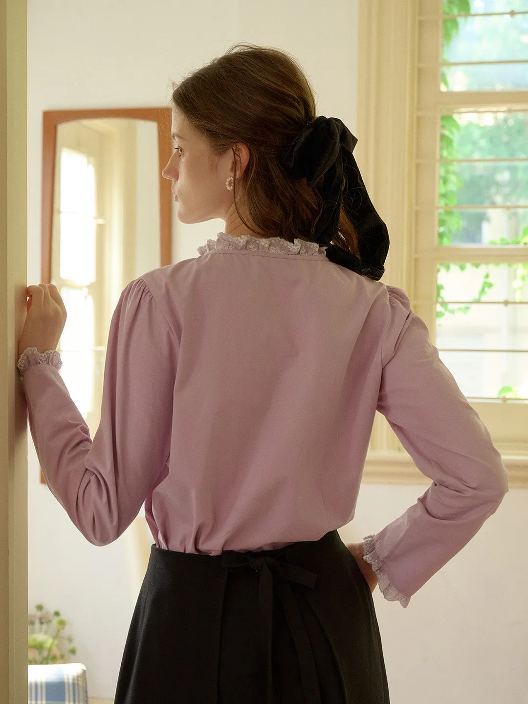 Kaiya Trimmed Lace-up Round Neck Lace Paneling Cotton Blouse