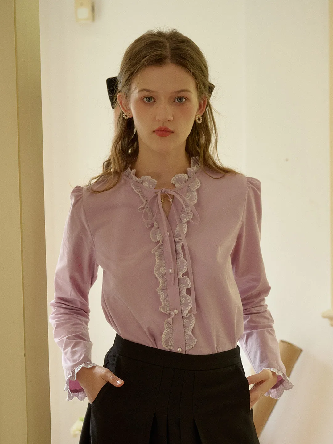 Kaiya Trimmed Lace-up Round Neck Lace Paneling Cotton Blouse
