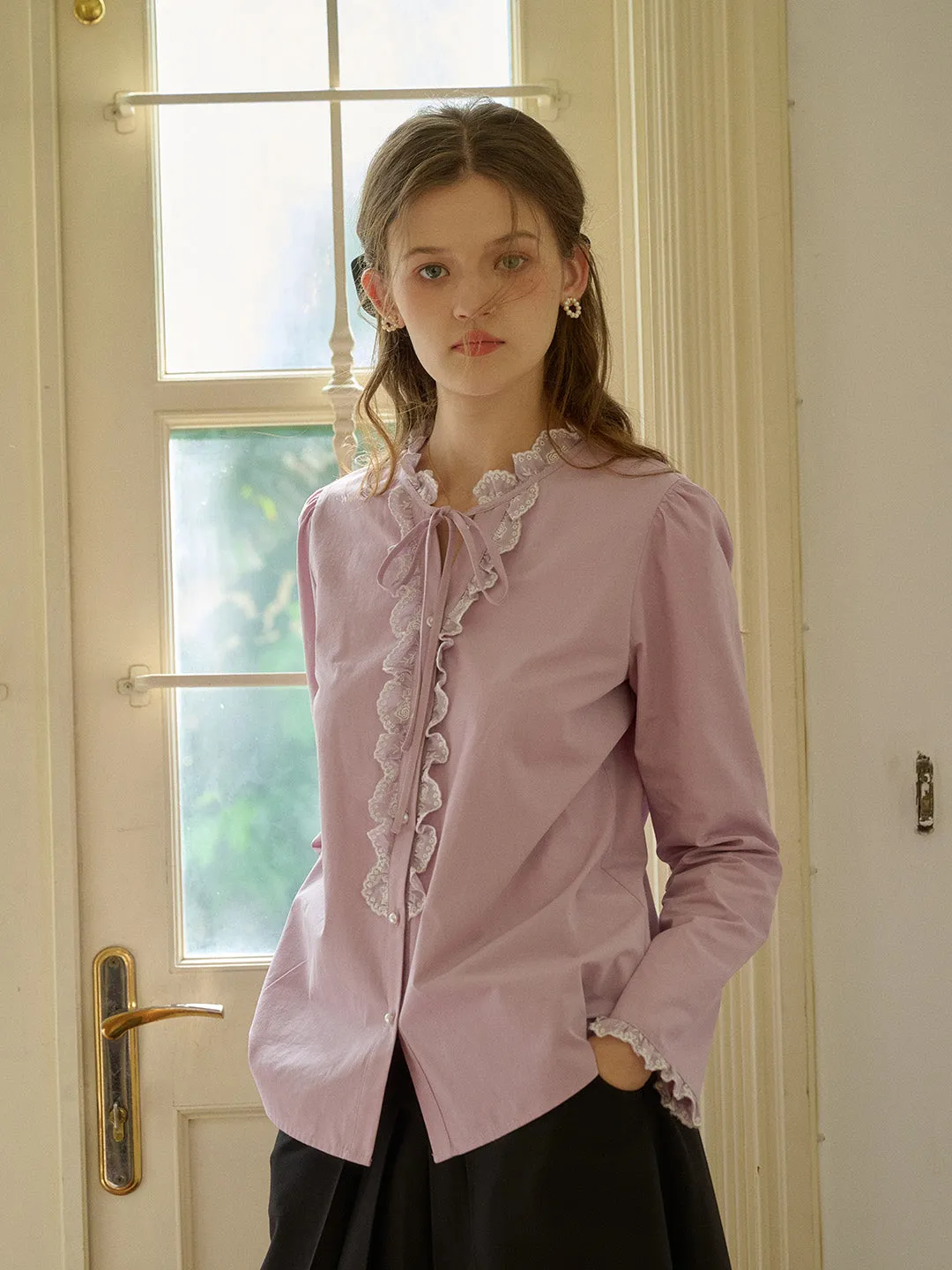Kaiya Trimmed Lace-up Round Neck Lace Paneling Cotton Blouse