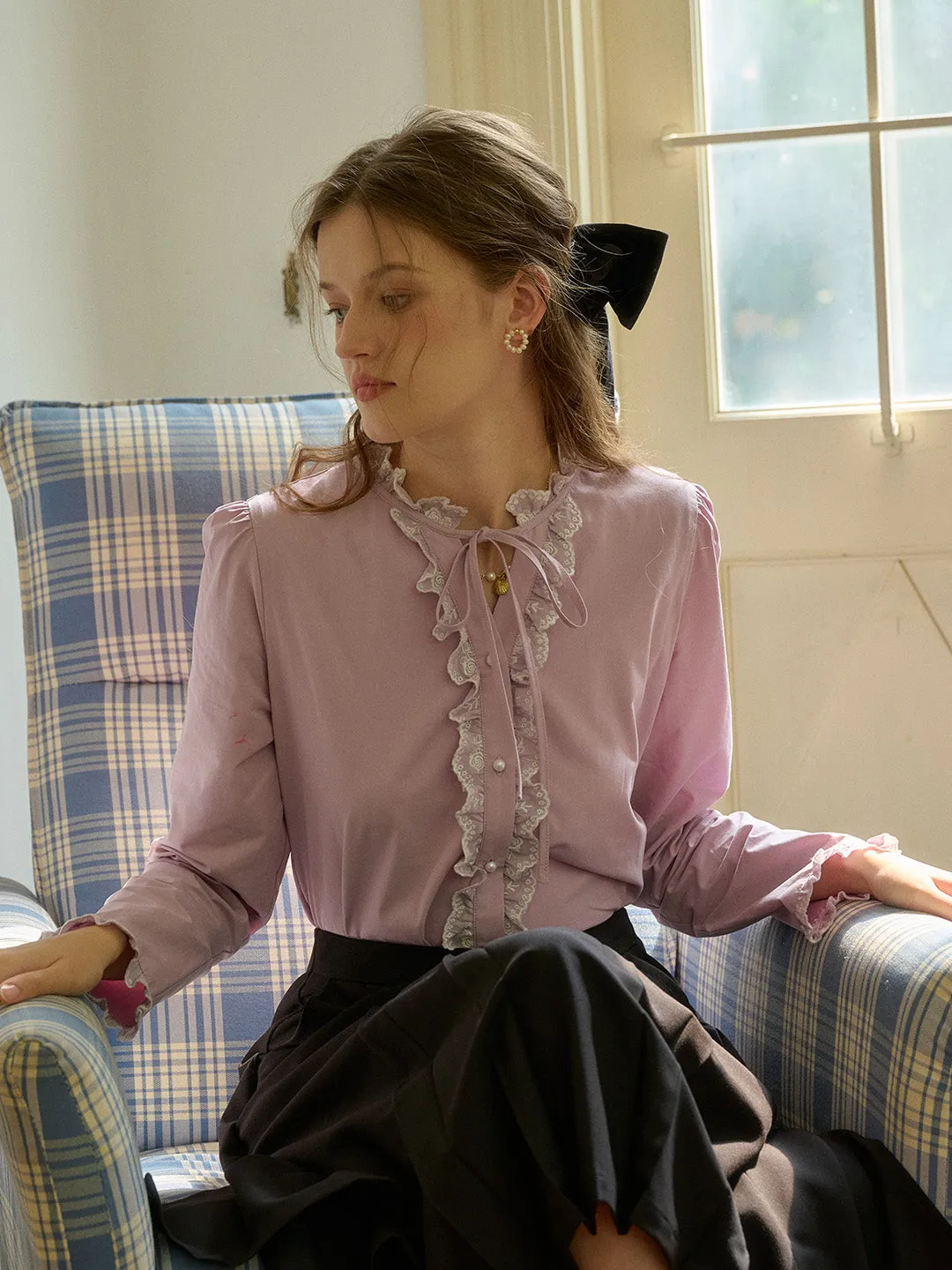 Kaiya Trimmed Lace-up Round Neck Lace Paneling Cotton Blouse