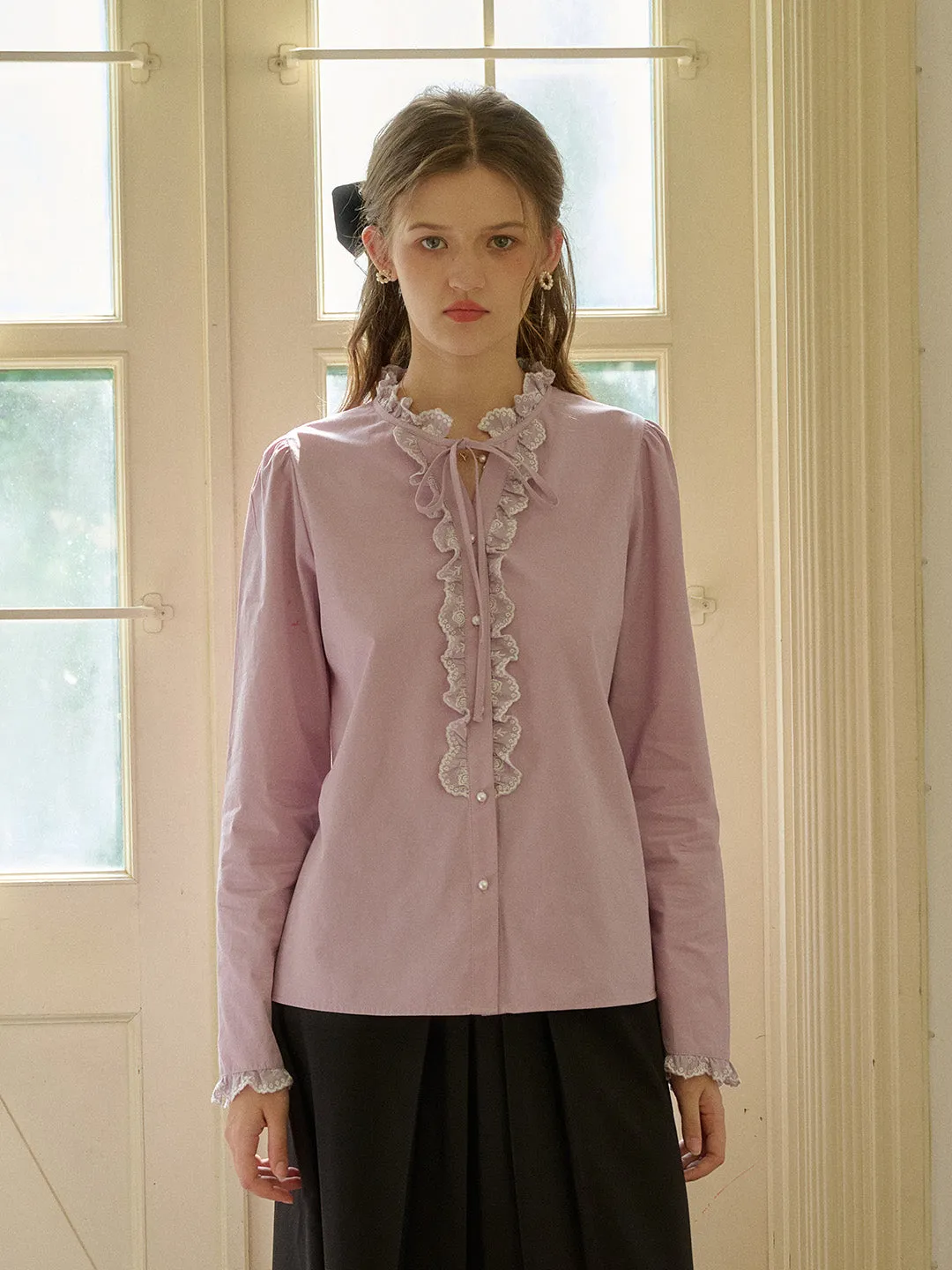 Kaiya Trimmed Lace-up Round Neck Lace Paneling Cotton Blouse