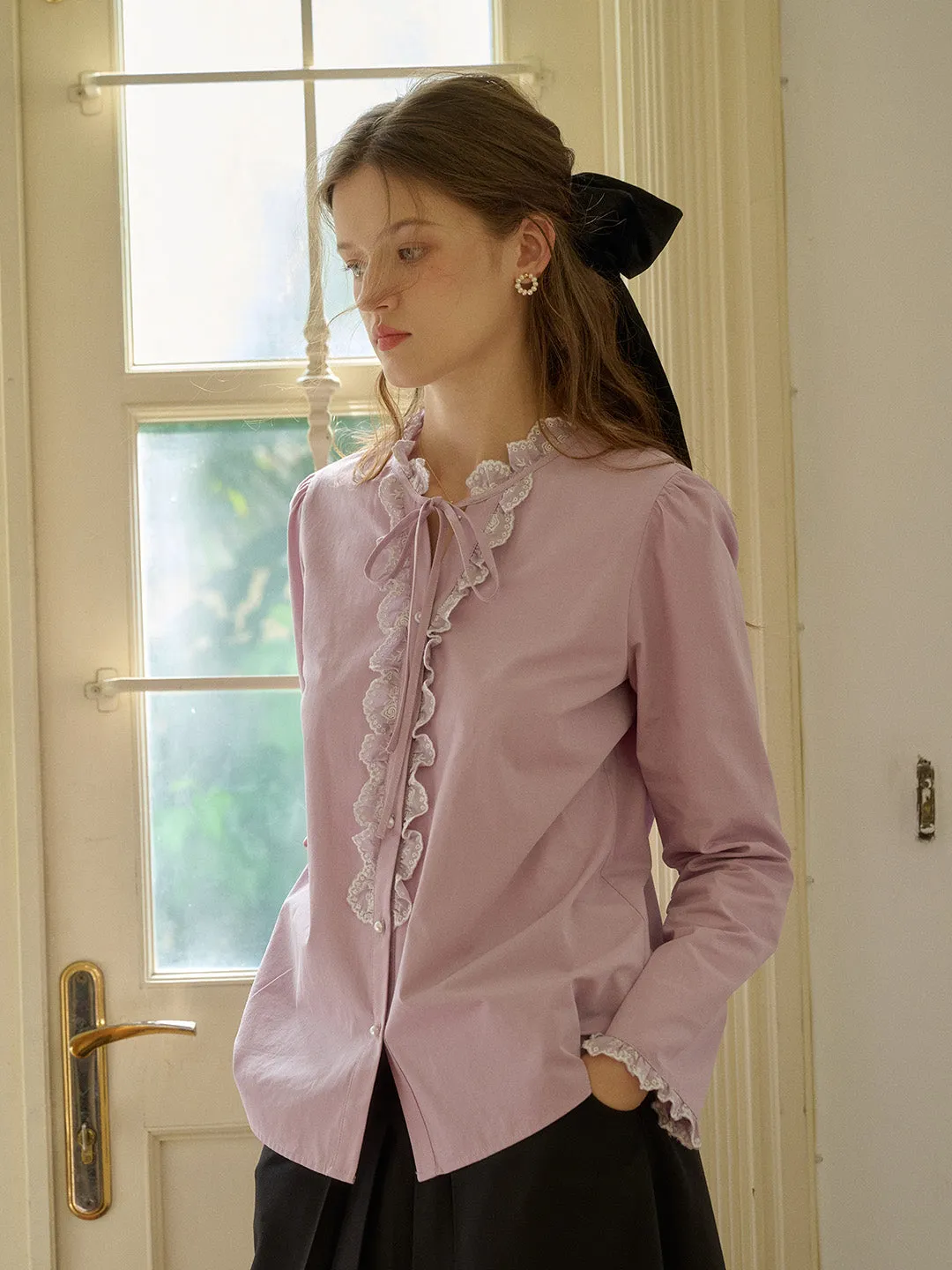 Kaiya Trimmed Lace-up Round Neck Lace Paneling Cotton Blouse