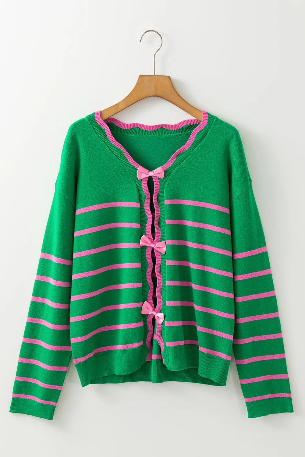 kesley Bow Striped V-Neck Long Sleeve Cardigan
