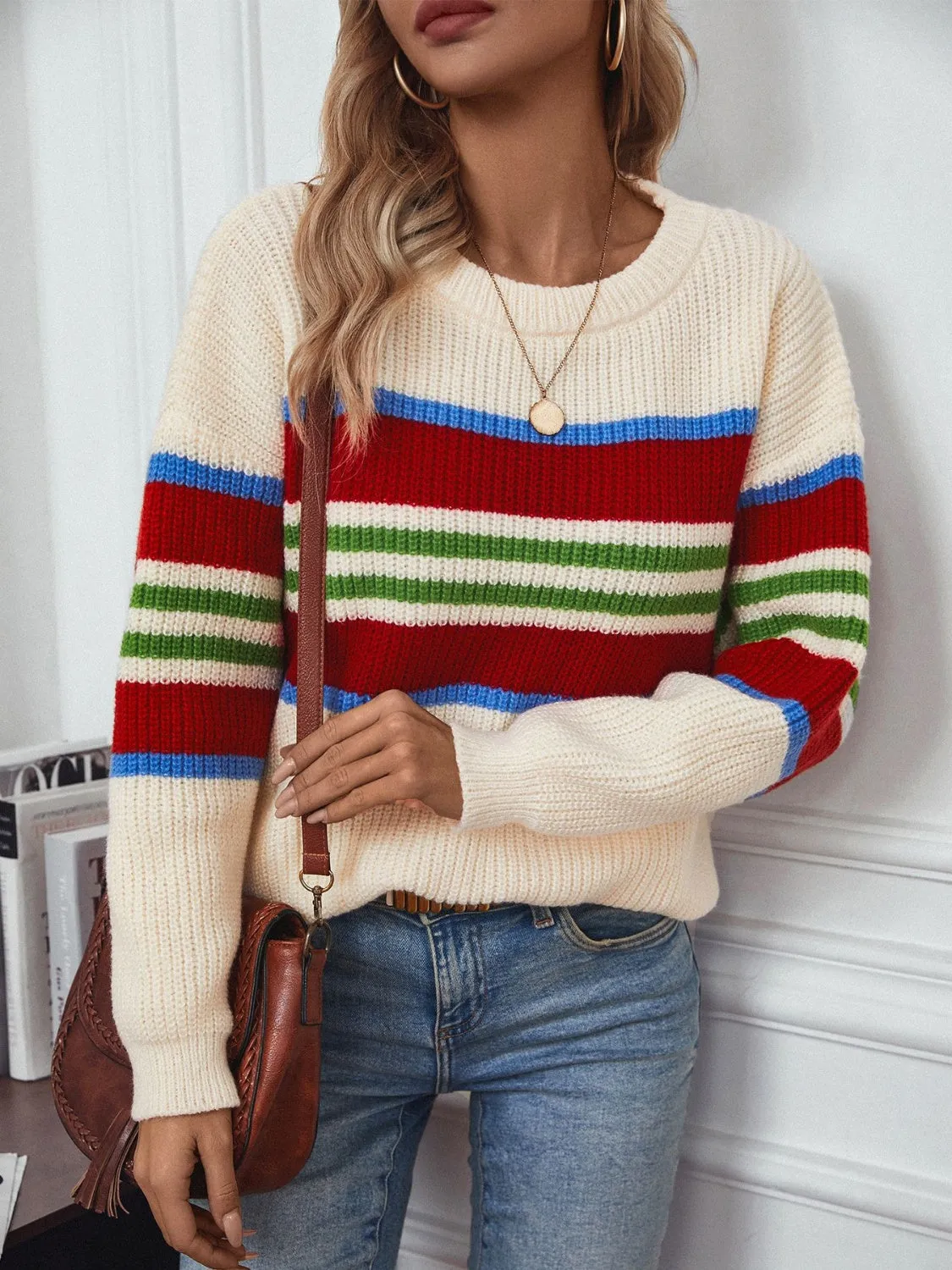 kesley Contrast Stripes Round Neck Long Sleeve Sweater