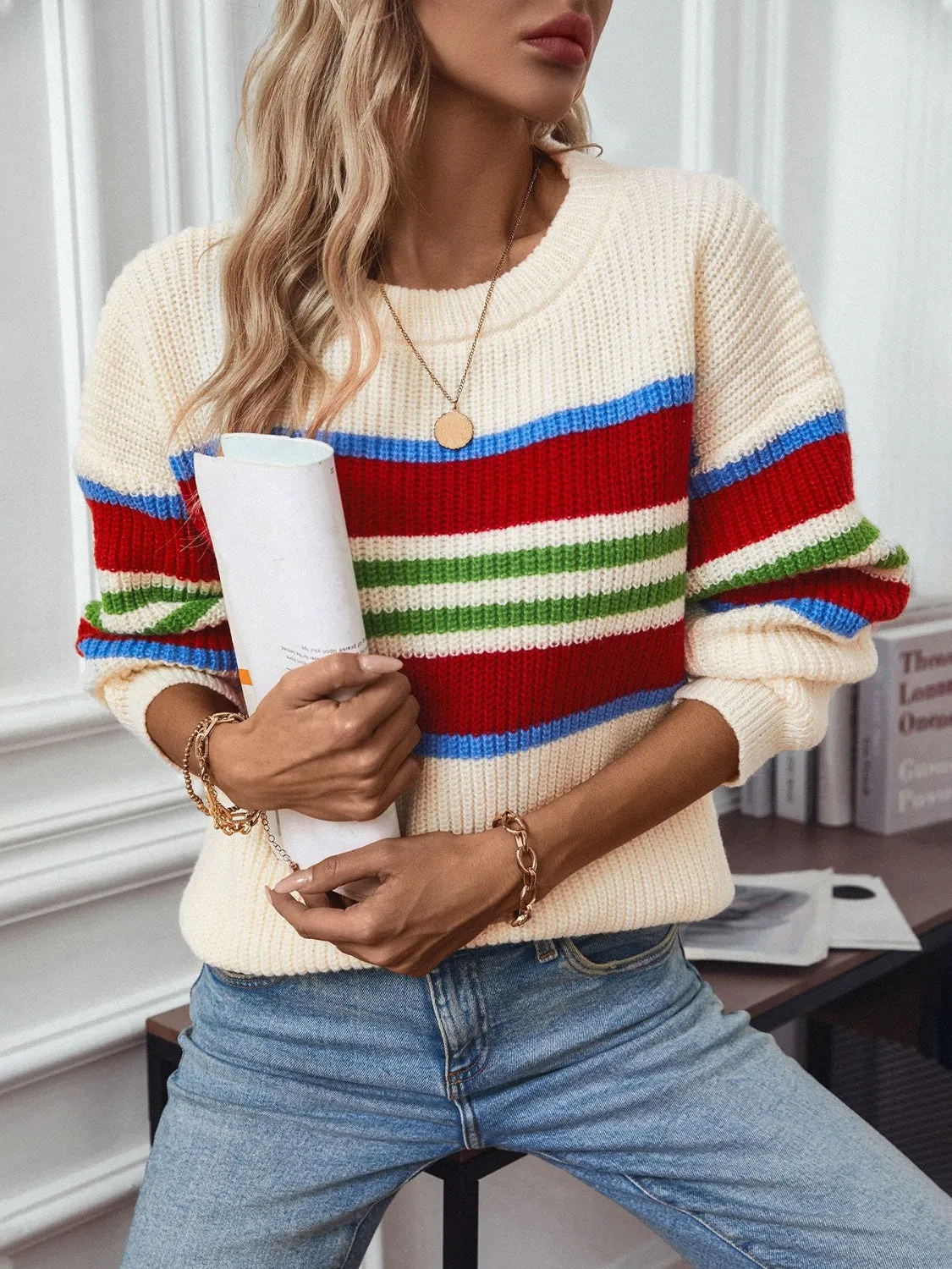 kesley Contrast Stripes Round Neck Long Sleeve Sweater