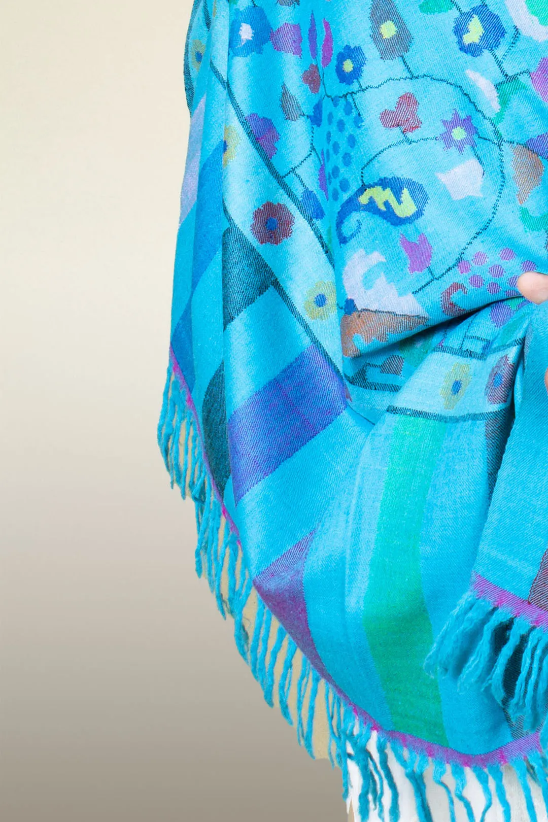 Khadija Vivid Sky Blue Floral Jamavar Pashmina Shawl
