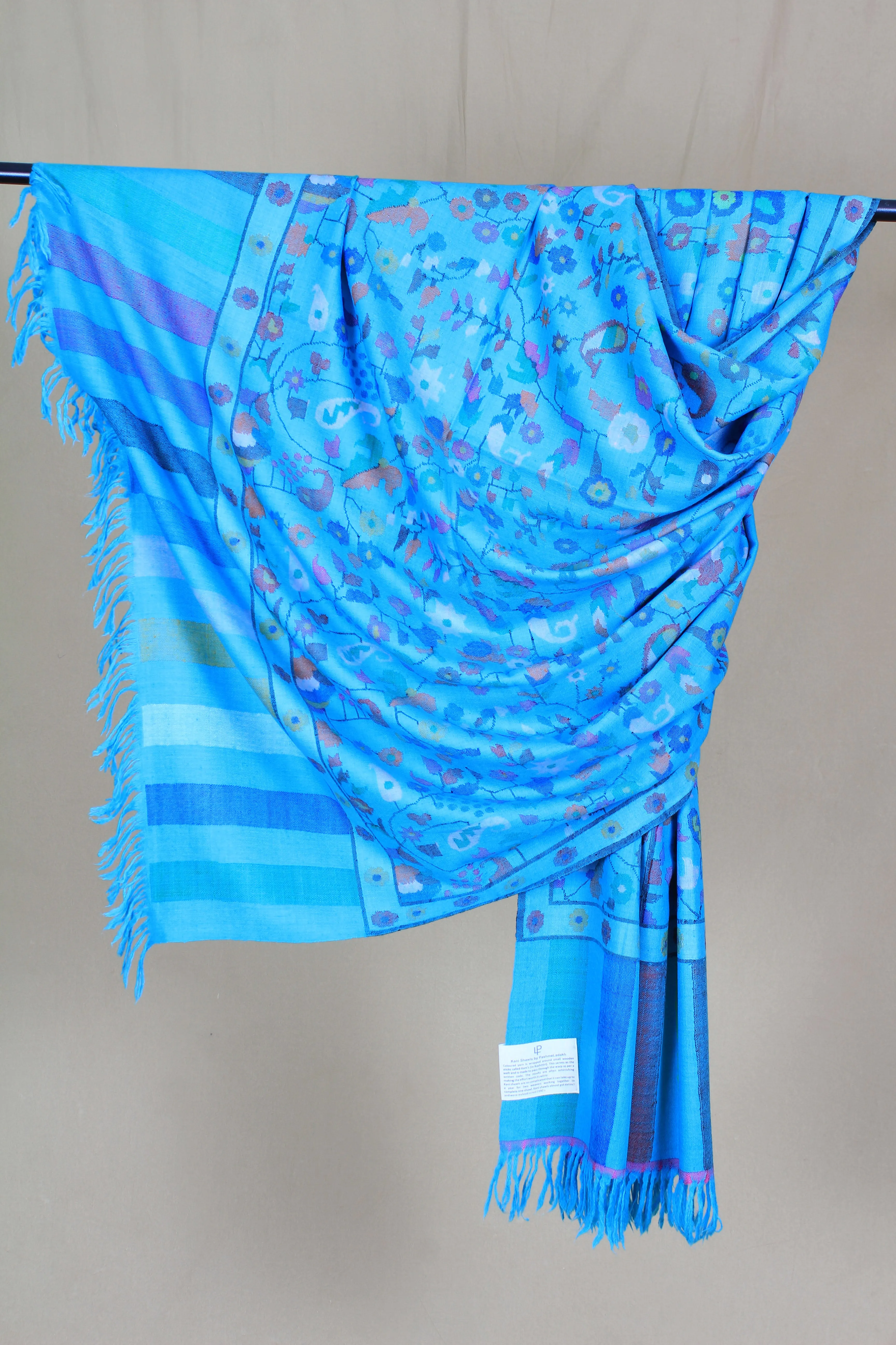 Khadija Vivid Sky Blue Floral Jamavar Pashmina Shawl
