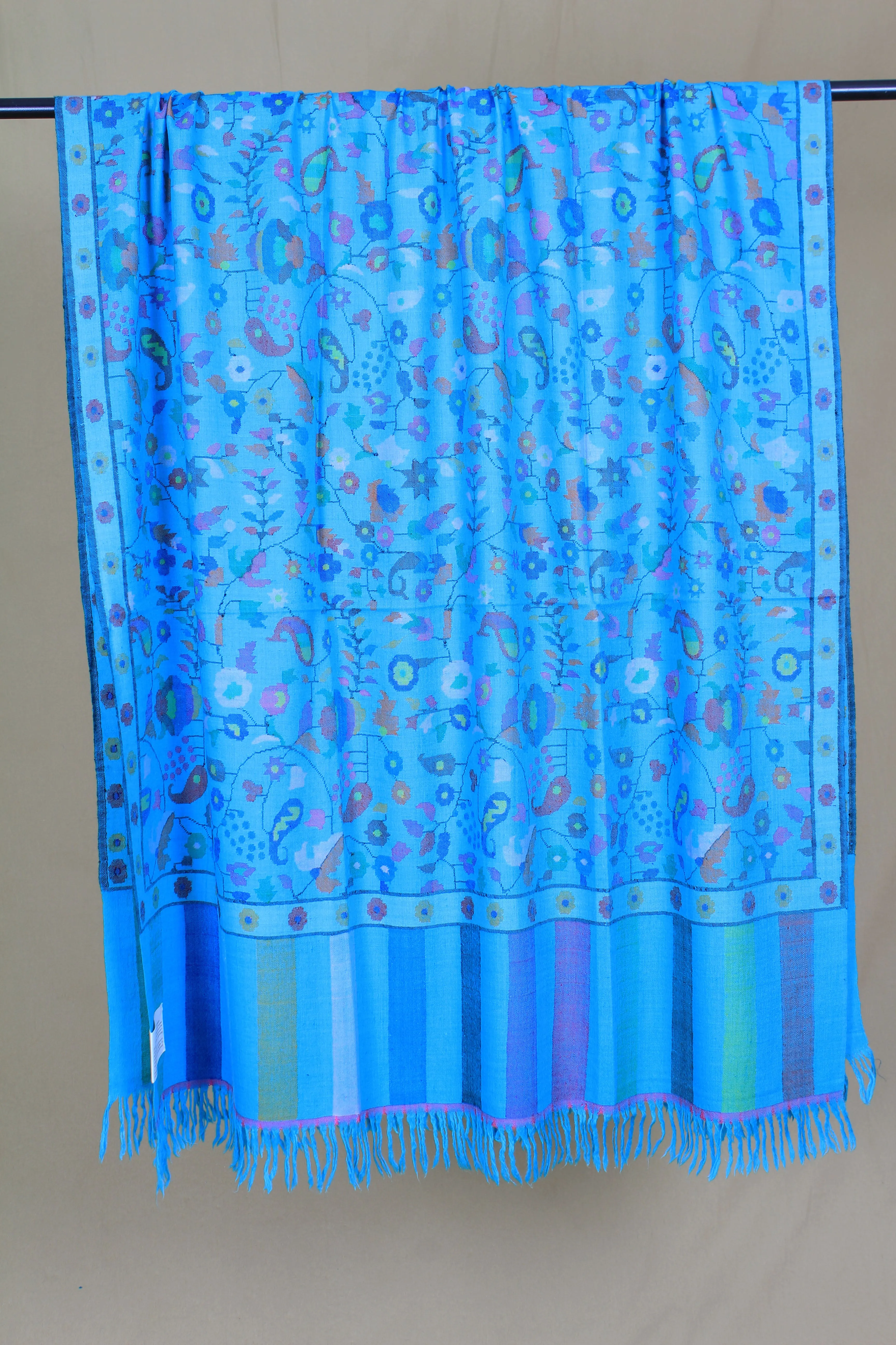 Khadija Vivid Sky Blue Floral Jamavar Pashmina Shawl