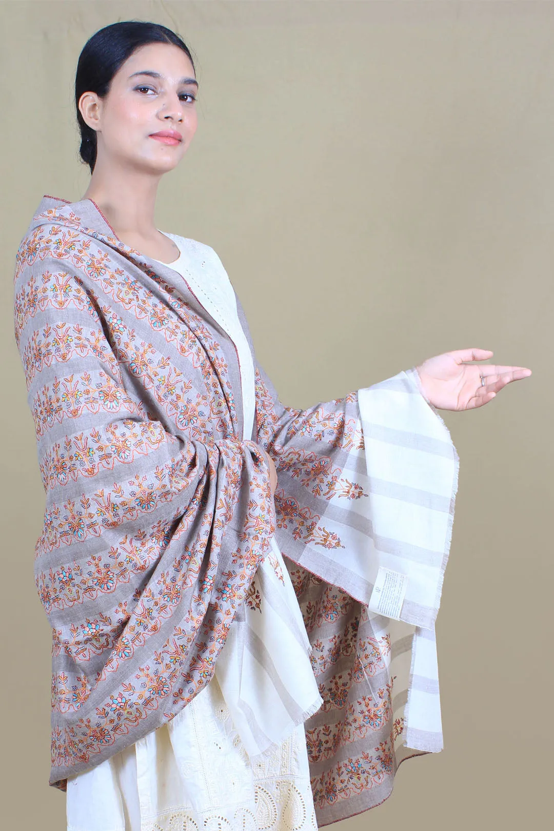 Khadim Wheat Beige Khatras Sozni Embroidered Pashmina Shawl