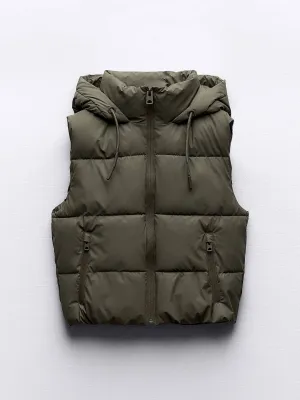 Khaki rubberised gilet with hood