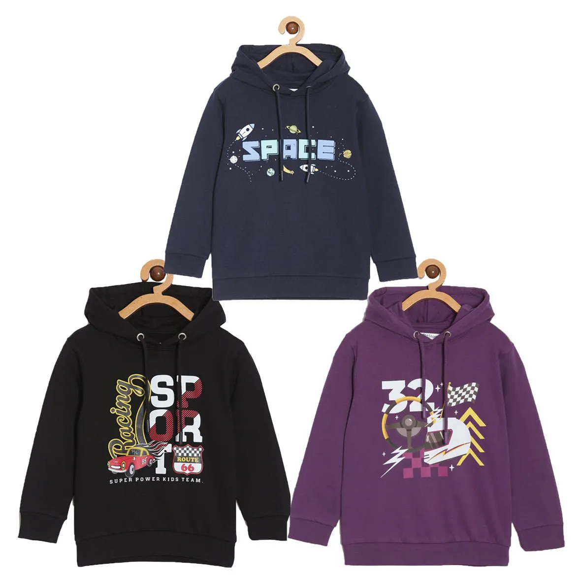 Kids Hooded Sweatshirt Combo of 3-Lets Go Race-Space Invader-Racing Sport