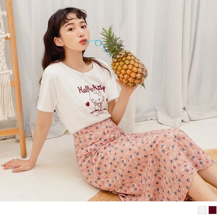 KITTY PRINTED ROUND NECK SHORT SLEEVE TOPS