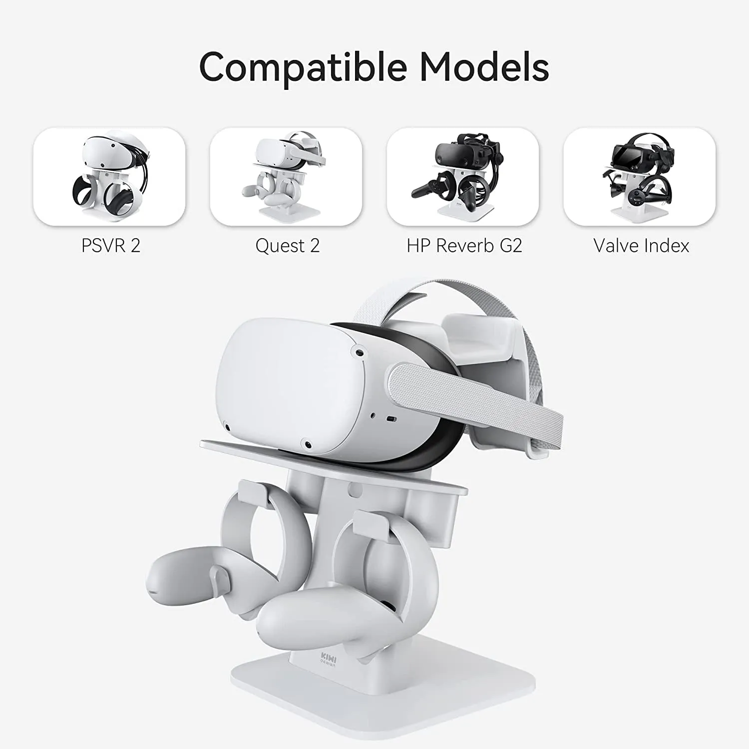KIWI Design Upgraded VR Stand Compatible with Quest 2 /Quest/Psvr 2 /Rift S/Valve Index/Hp Reverb G2VR Headset and Touch Controllers, Vr Headset Stand and Controller Holder Mount Station (White)