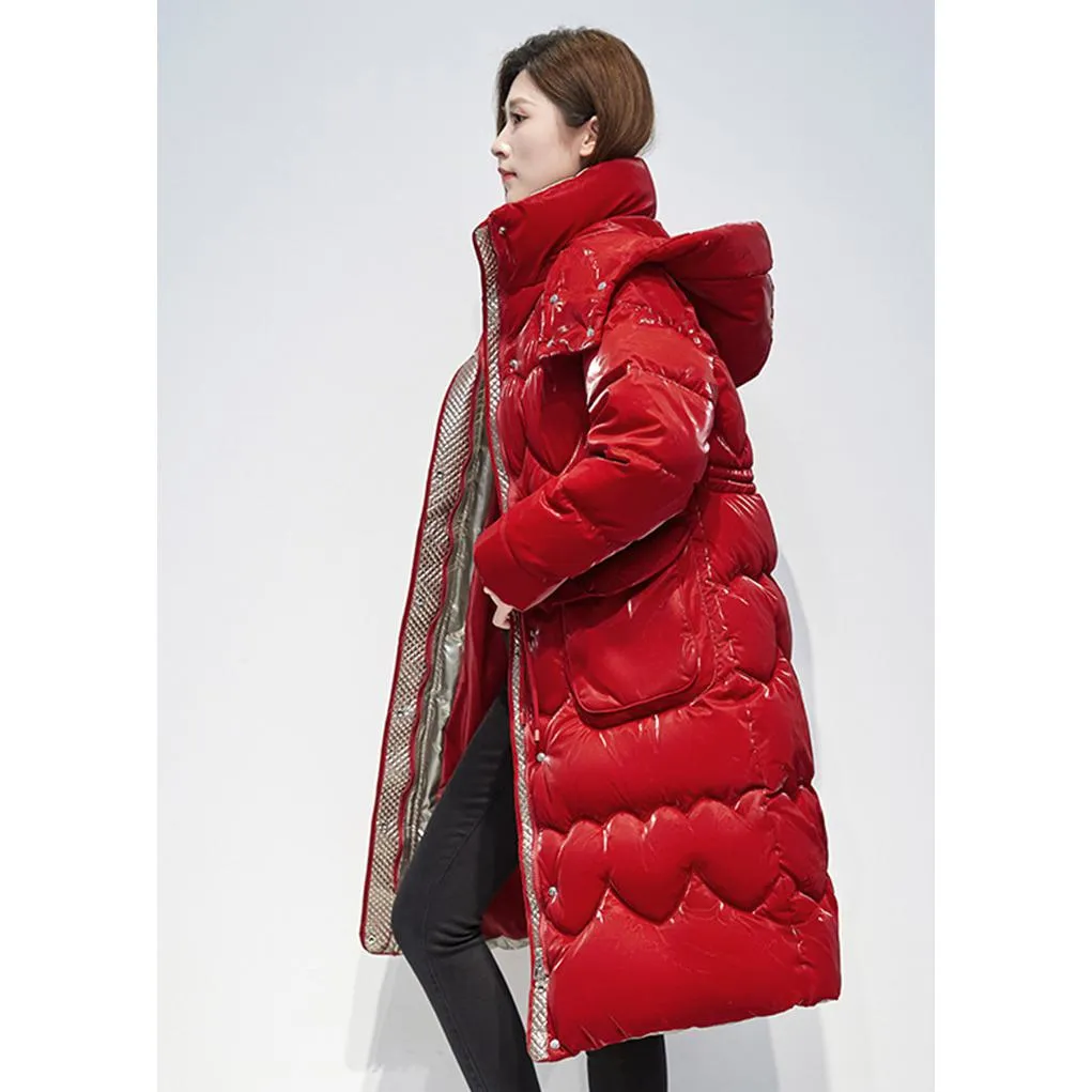 Knee-Length Waterproof Bright Surface Puffer Coat