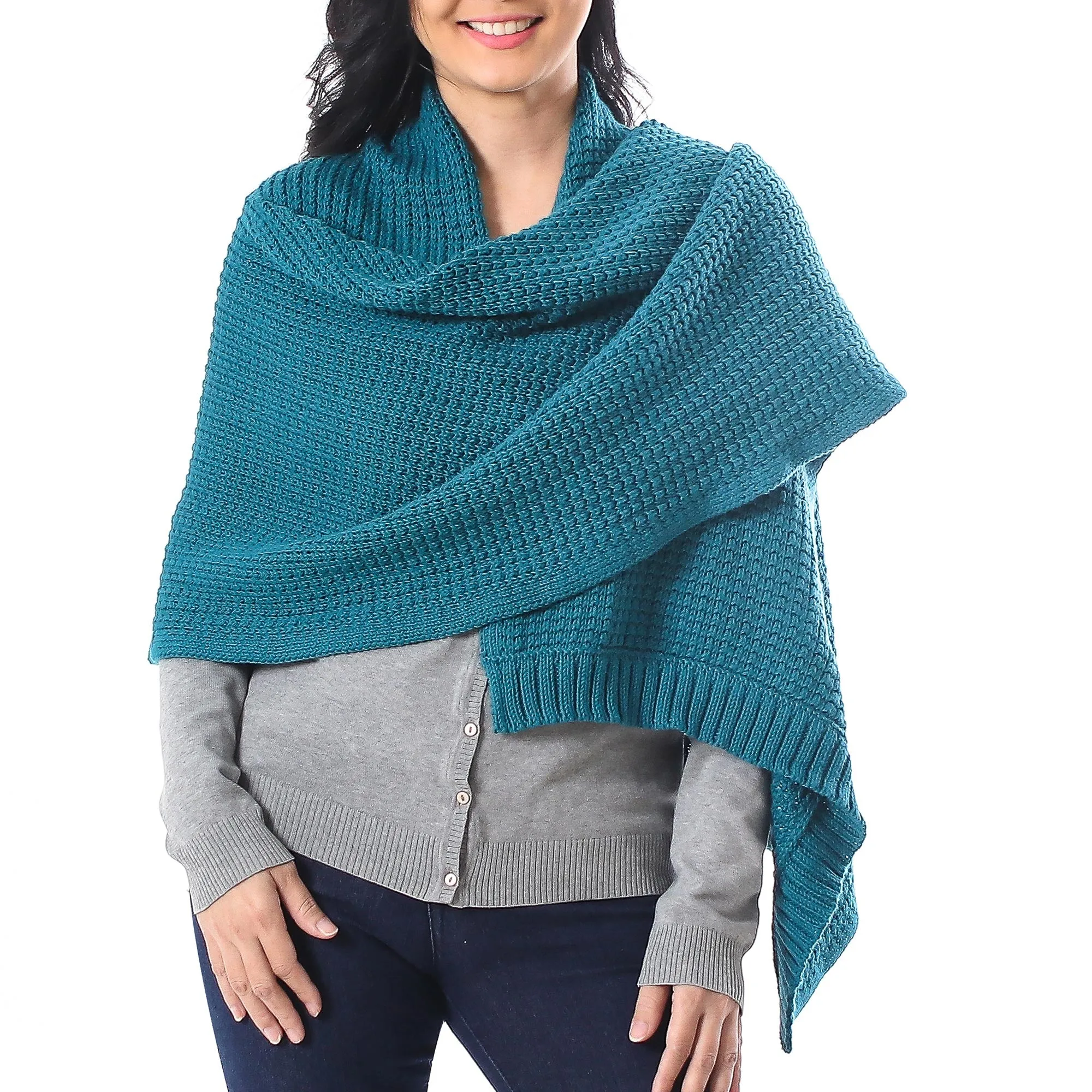 Knit Cotton Ruana in Teal from Thailand - Chic Warmth in Teal | NOVICA