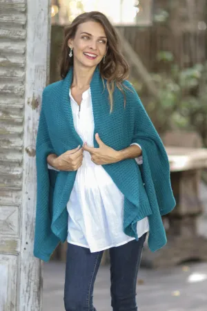 Knit Cotton Ruana in Teal from Thailand - Chic Warmth in Teal | NOVICA