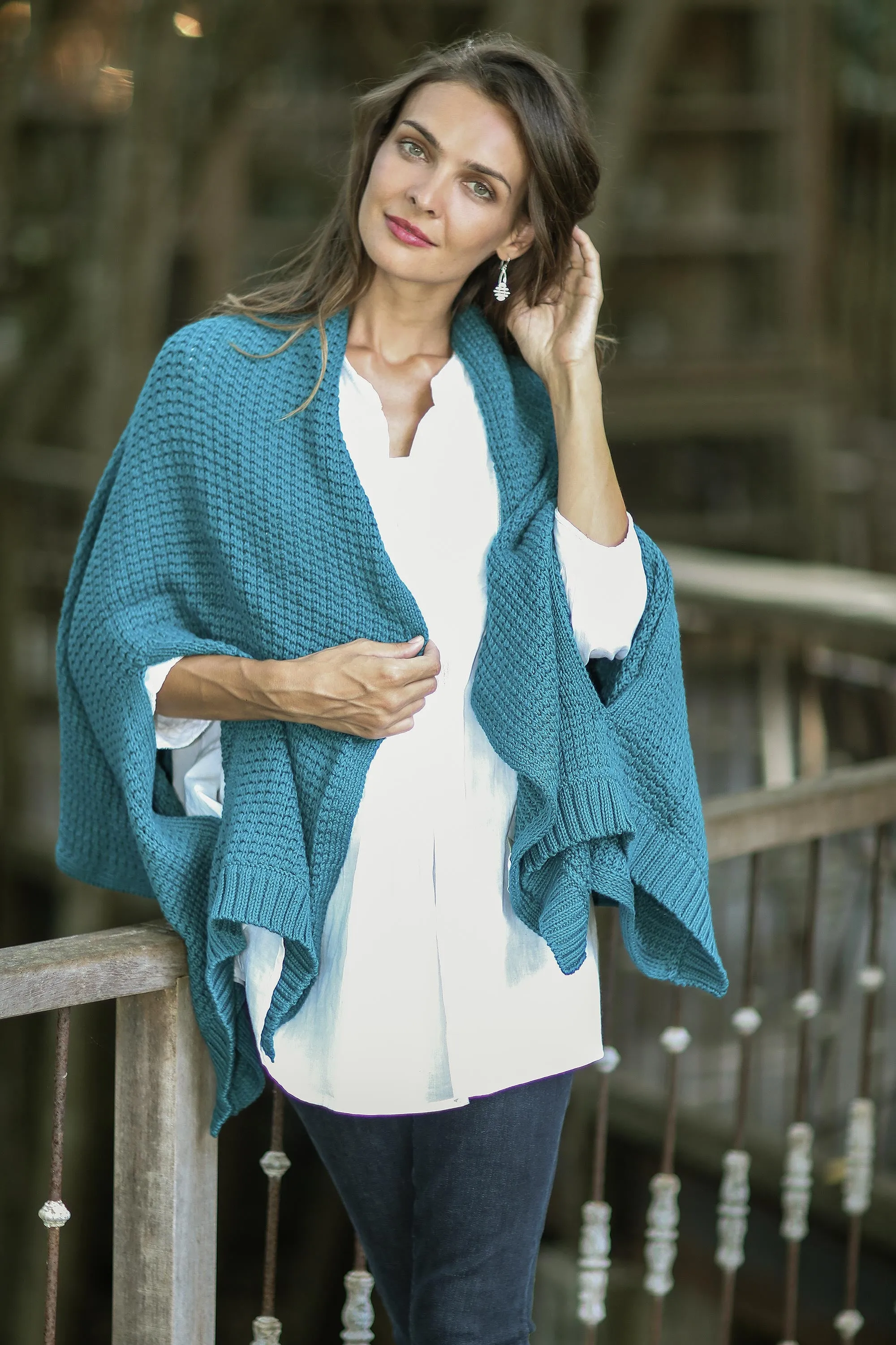Knit Cotton Ruana in Teal from Thailand - Chic Warmth in Teal | NOVICA