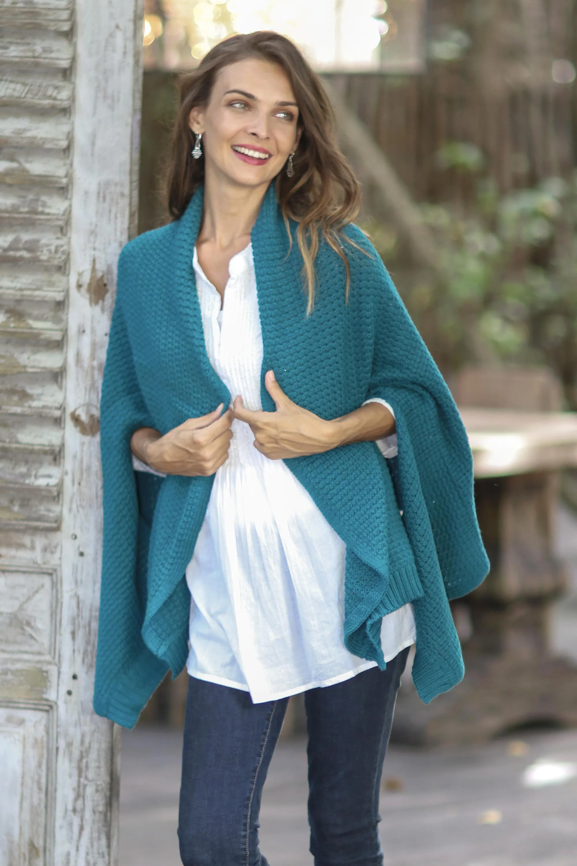 Knit Cotton Ruana in Teal from Thailand - Chic Warmth in Teal | NOVICA