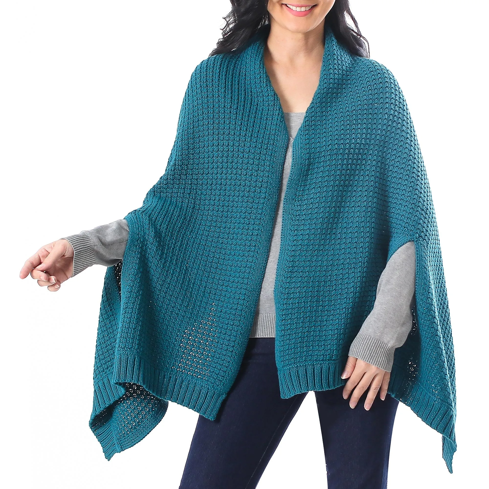 Knit Cotton Ruana in Teal from Thailand - Chic Warmth in Teal | NOVICA