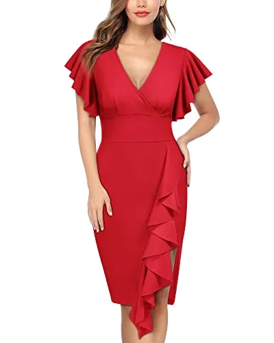 Knitee Women's Deep-V Neck Ruffle Sleeves Cocktail Party Pencil Slit Formal Dress (A-Black, Small)