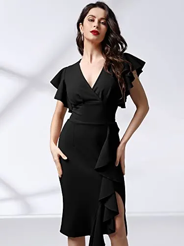 Knitee Women's Deep-V Neck Ruffle Sleeves Cocktail Party Pencil Slit Formal Dress (A-Black, Small)