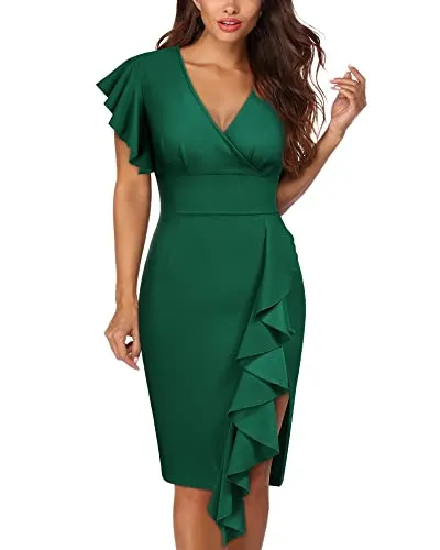 Knitee Women's Deep-V Neck Ruffle Sleeves Cocktail Party Pencil Slit Formal Dress (A-Black, Small)