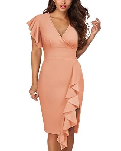 Knitee Women's Deep-V Neck Ruffle Sleeves Cocktail Party Pencil Slit Formal Dress (A-Black, Small)