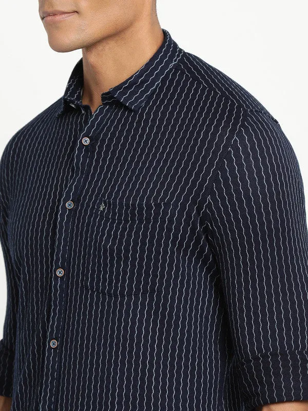 Knitted Navy Striped Ultra Slim Fit Casual Shirt
