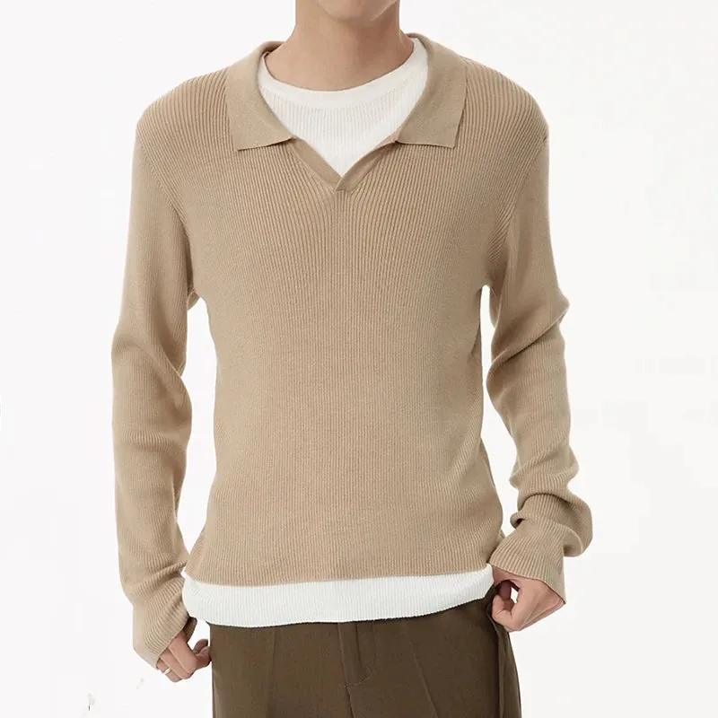 Korean Design Men's Knits Fake Two-piece Round Collar Contrast Color Casual Male Sweater Stylish Simple Autumn 9C6936
