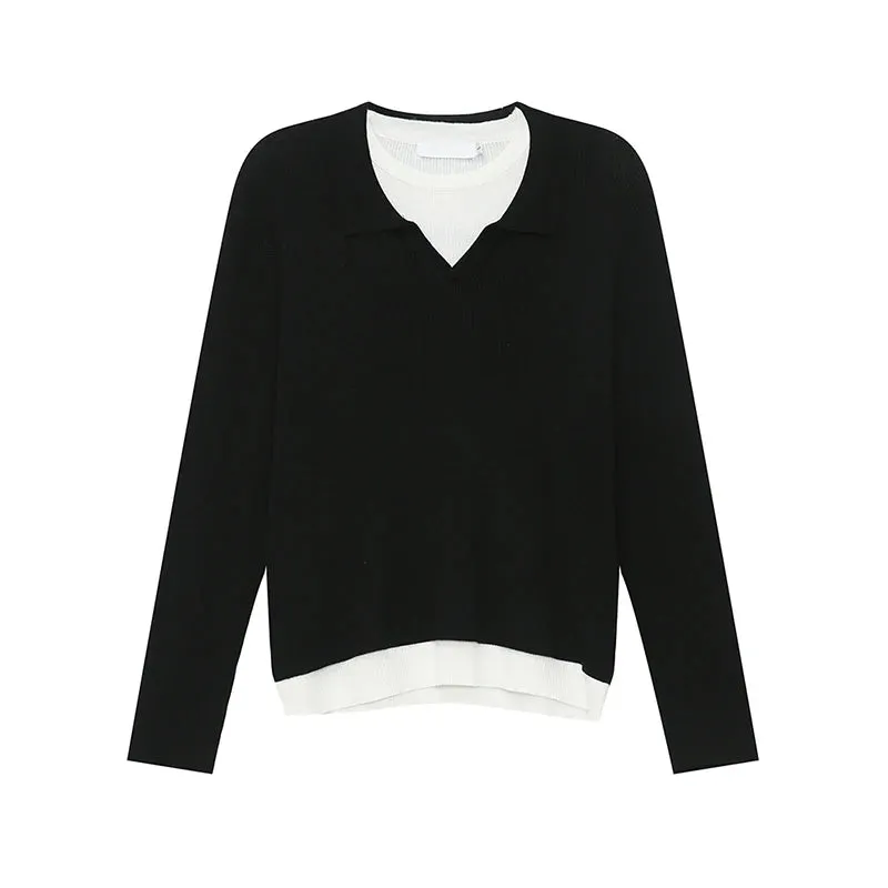 Korean Design Men's Knits Fake Two-piece Round Collar Contrast Color Casual Male Sweater Stylish Simple Autumn 9C6936