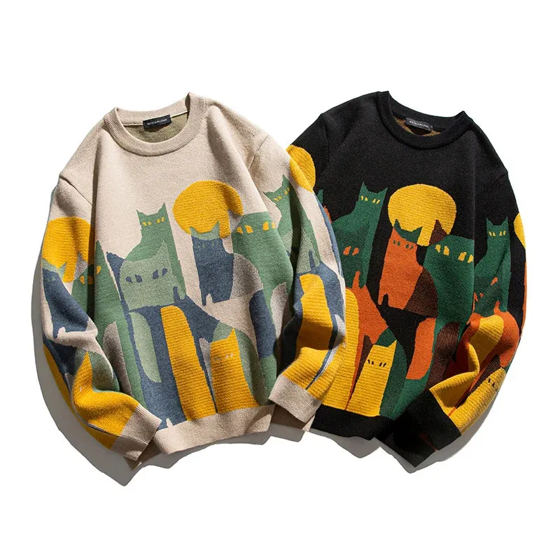 Korean Streetwear Sweater Men Color Matching Crew Neck Pullovers